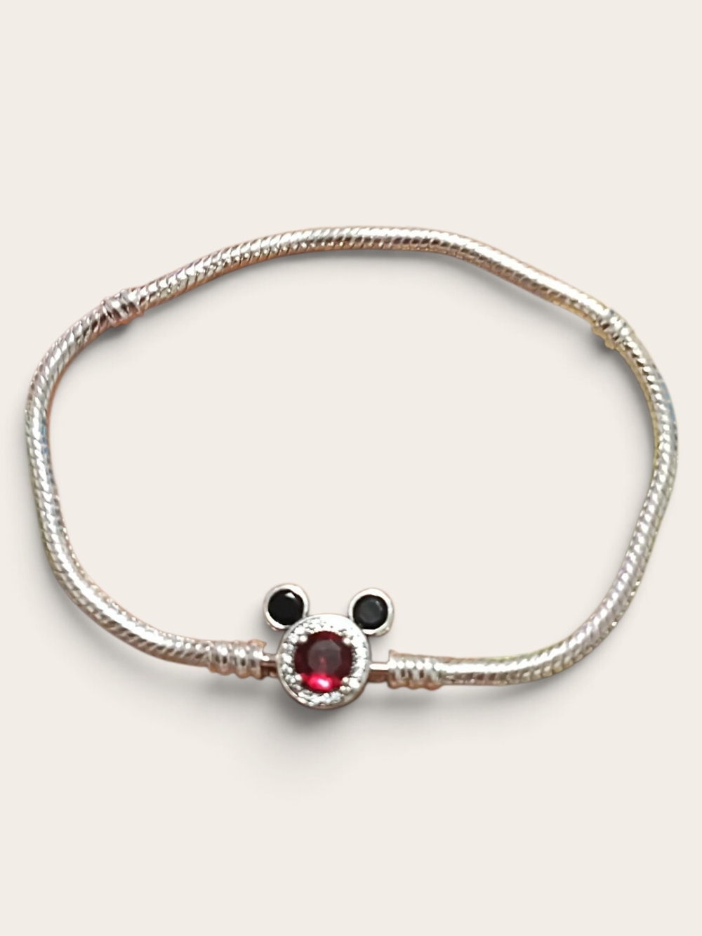Women's Mickey Silver Charm Bracelet with Red Gem Accent